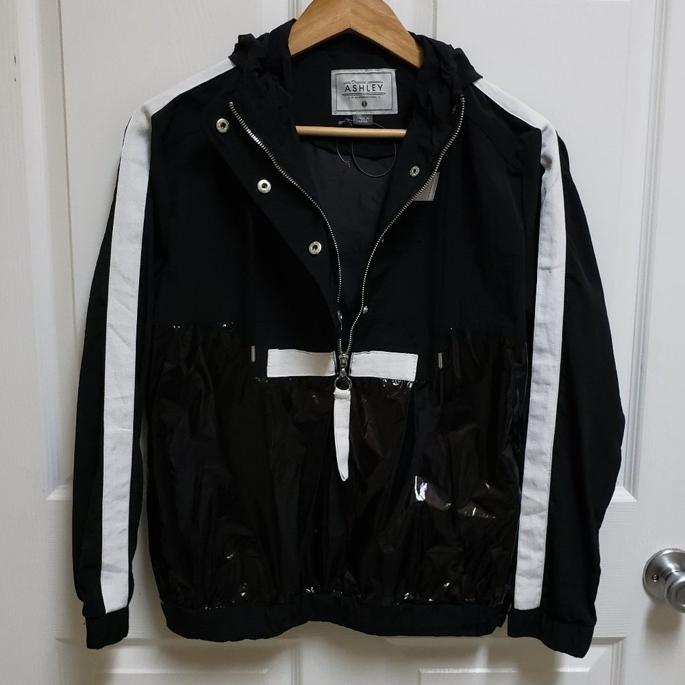 Ashley Windbreaker Women S Hooded Nylon Pullover Black White 1/2 Zip Lightweight - Picture 4 of 10
